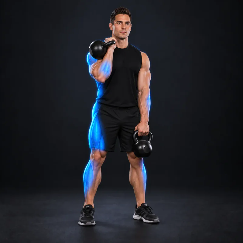 Cargada Colgante Alterna con Kettlebells: posición final