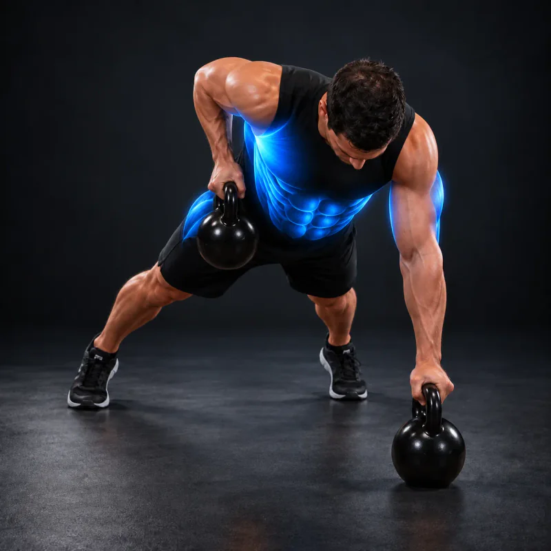 Remo Renegado Alterno con Kettlebells: posición final