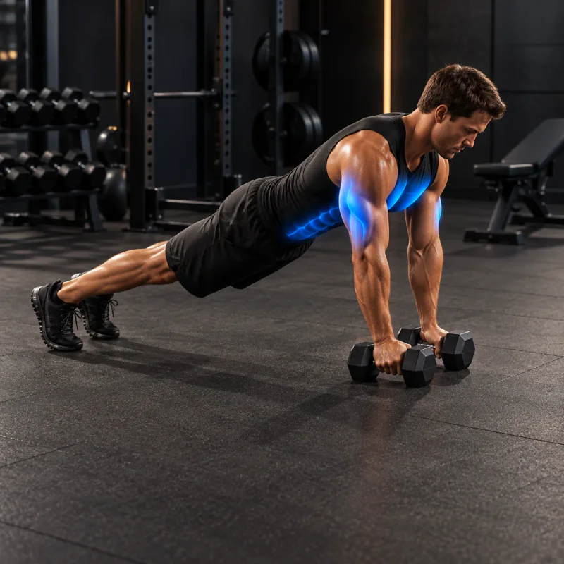 Flexiones con agarre cerrado con mancuernas