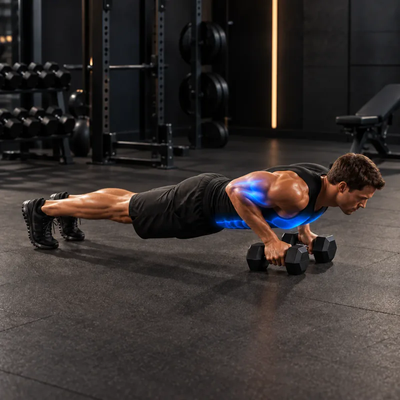 Flexiones con agarre cerrado con mancuernas: posición final