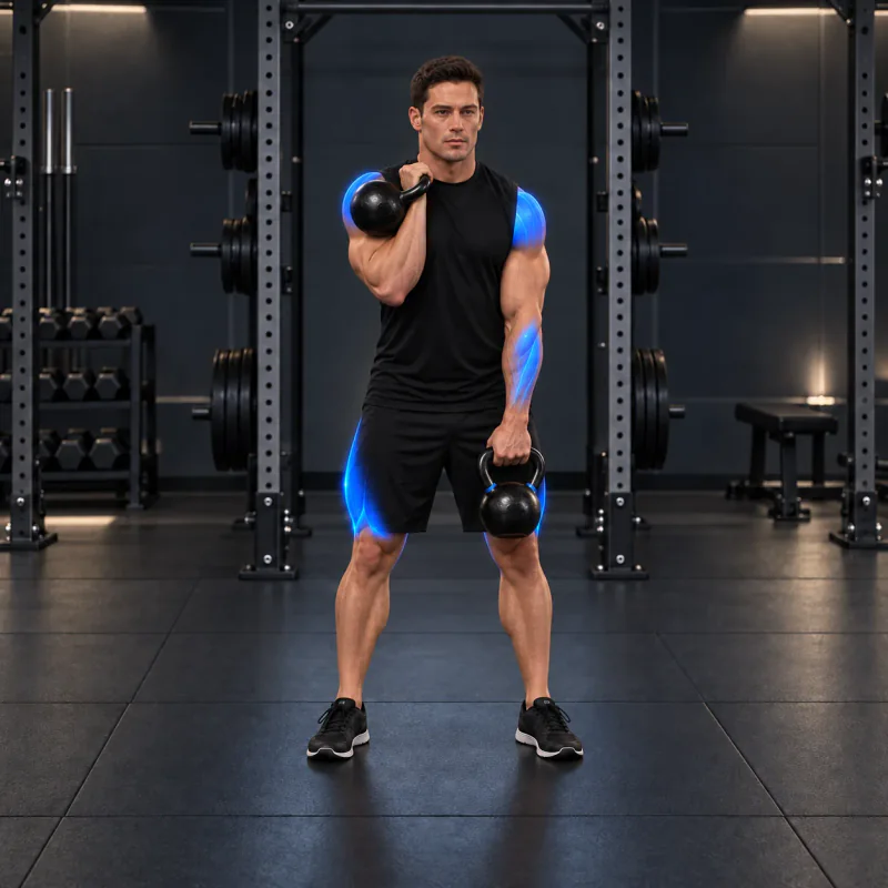 Cargada Colgante Alterna con Doble Kettlebell: posición final