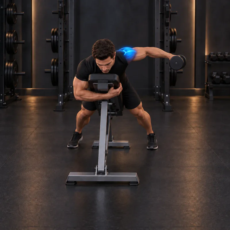 Elevación Lateral Posterior Tumbado a un Brazo con Mancuerna: posición final