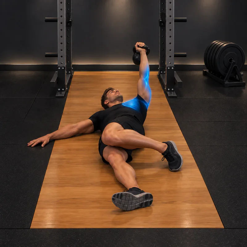 Press de Suelo a un Brazo con Kettlebell (Rango Extendido): posición final