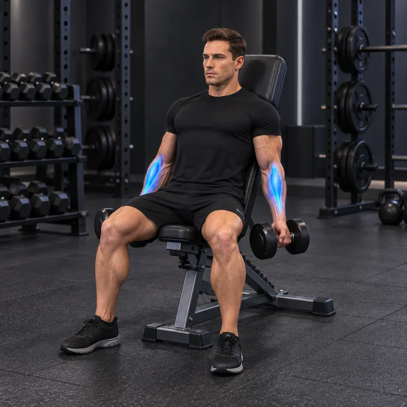 Curl de Bíceps Flexor Inclinado con Mancuernas