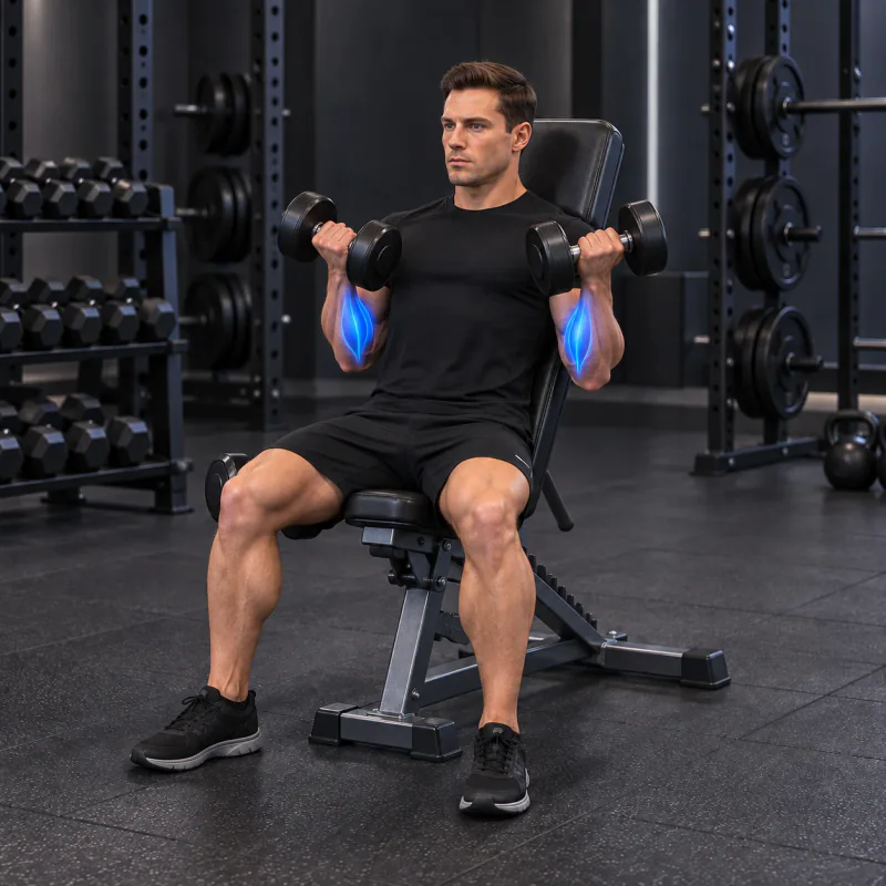 Curl de Bíceps Flexor Inclinado con Mancuernas: posición final
