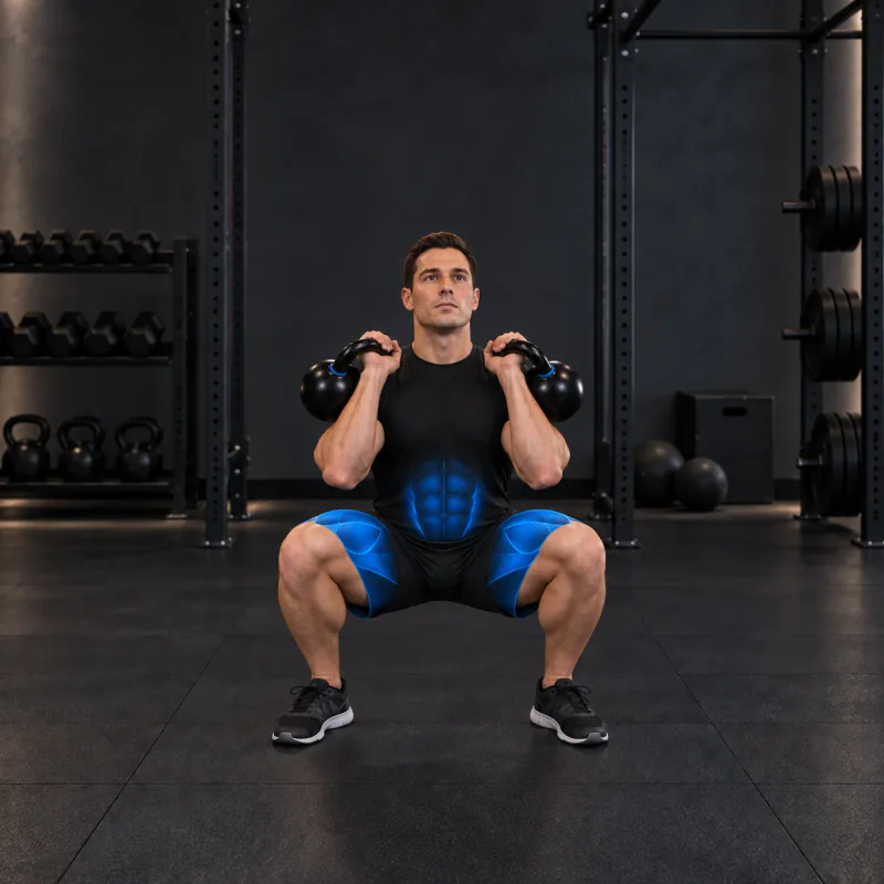 Sentadilla Frontal con Dos Kettlebells: posición final
