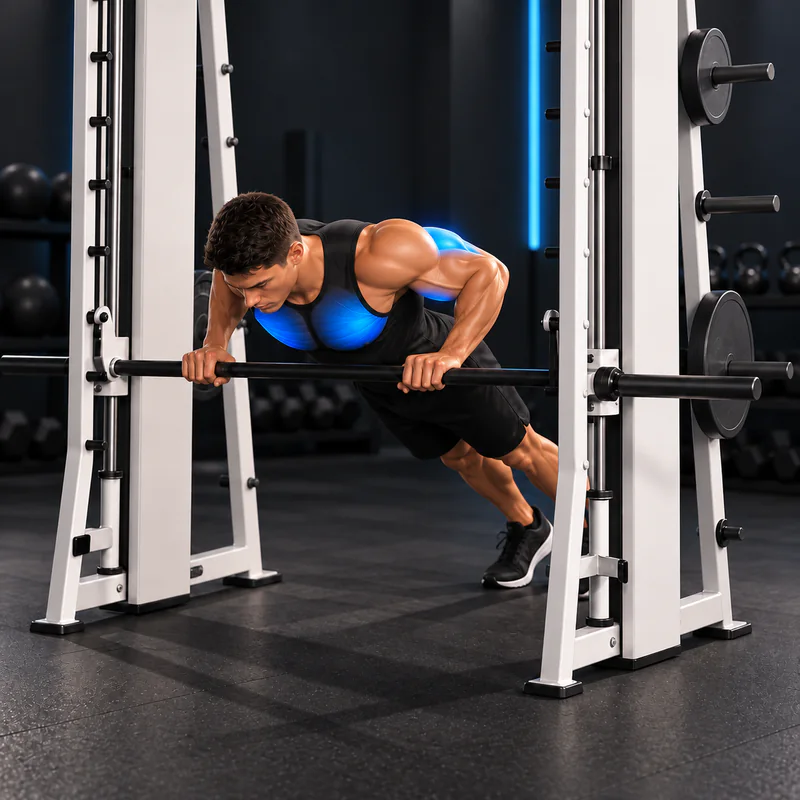 Flexiones Inclinadas con Agarre Medio: posición final