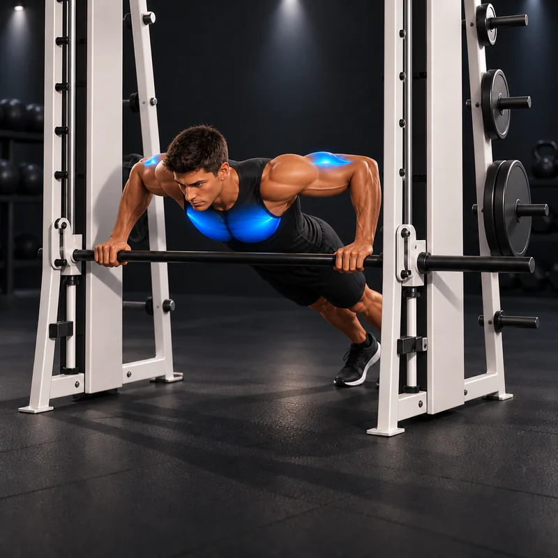 Flexiones Inclinadas con Agarre Ancho: posición final