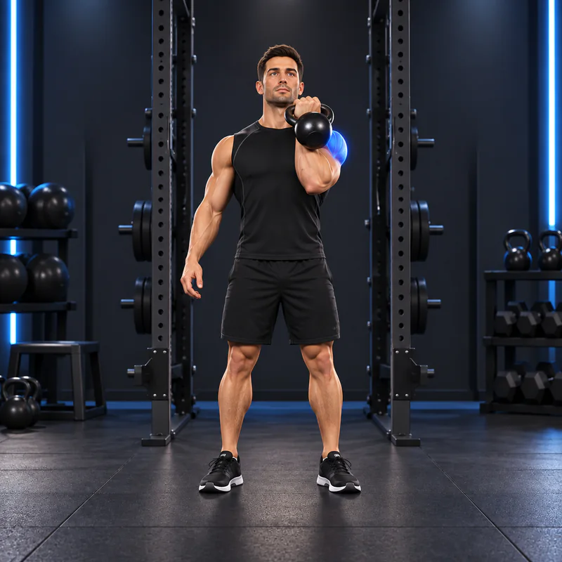 Press Arnold con Kettlebell: posición inicial