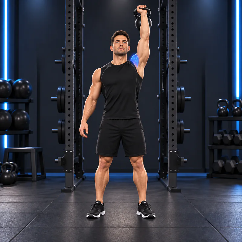 Press Arnold con Kettlebell: posición final