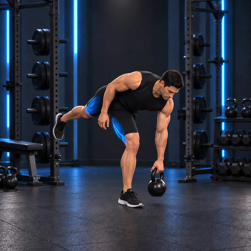 Peso Muerto a una Pierna con Kettlebell: posición final