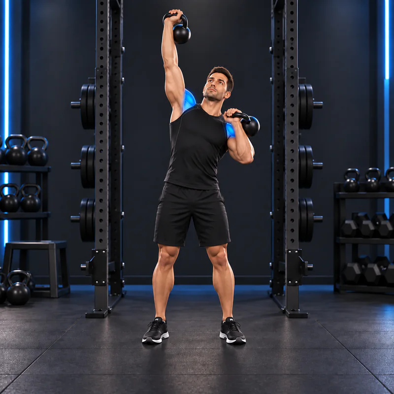 Press Alternado con Kettlebells: posición final