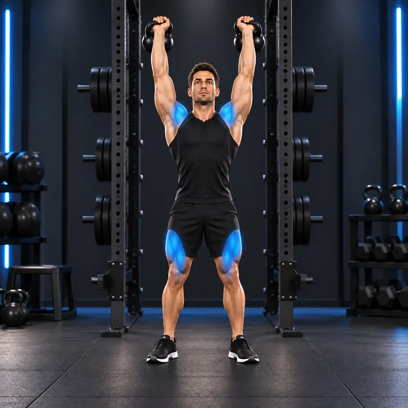 Thruster con Kettlebells: posición final