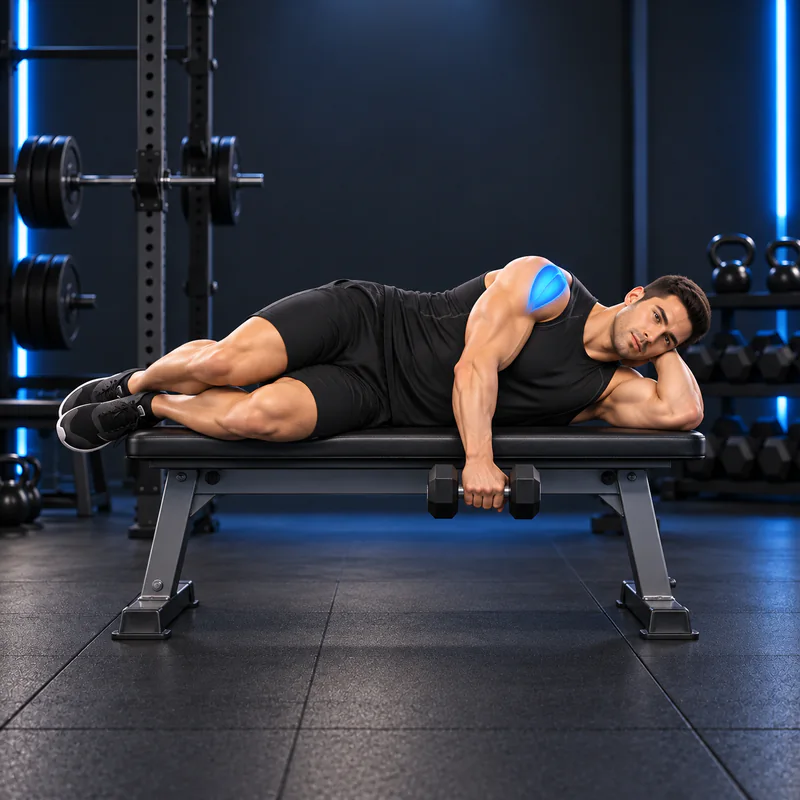 Elevación Lateral a un Brazo Tumbado con Mancuerna
