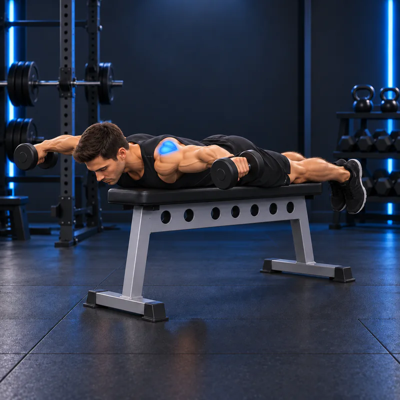 Elevación Posterior de Hombro Tumbado con Mancuernas: posición final