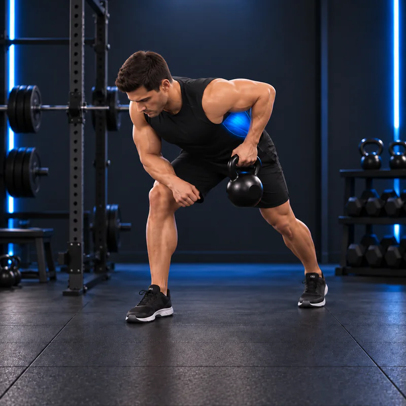 Remo a un Brazo con Kettlebell: posición final