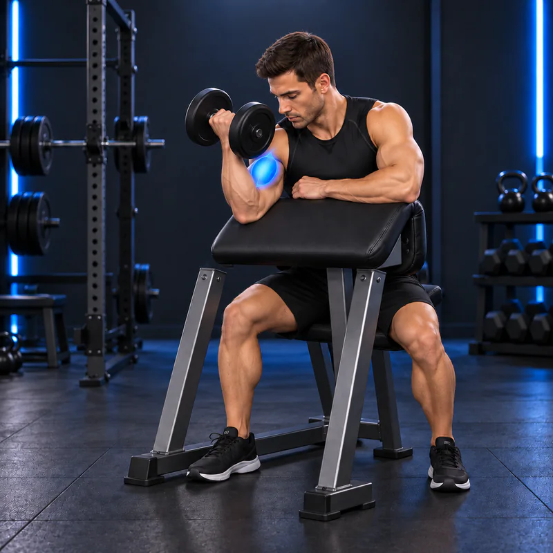 Curl Predicador a un Brazo con Mancuerna: posición final