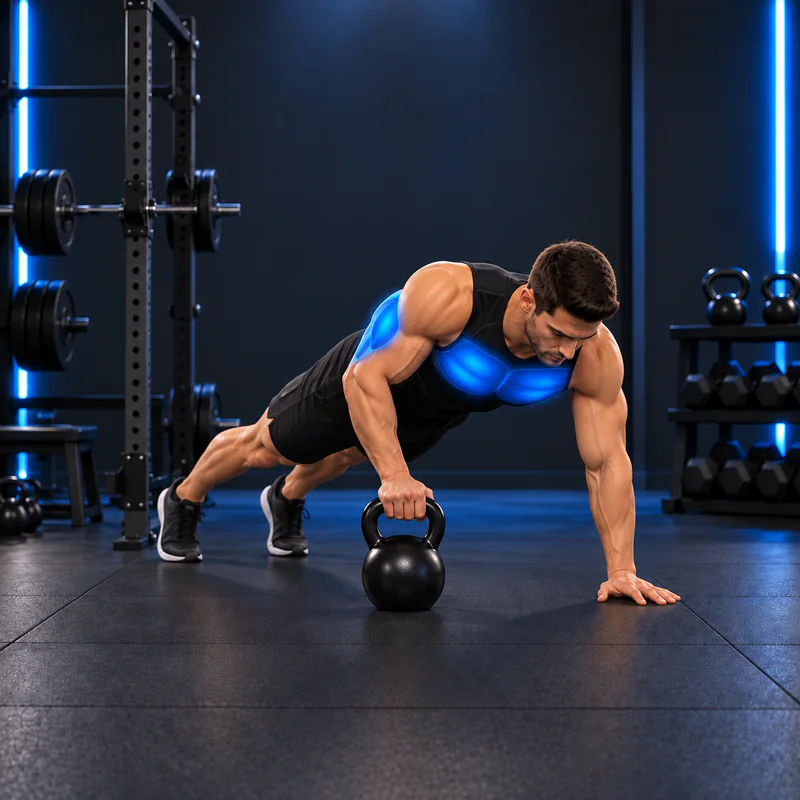 Flexiones pliométricas sobre kettlebells: posición final