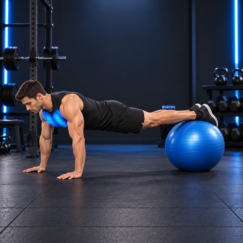 Flexiones con los pies sobre una pelota de ejercicio