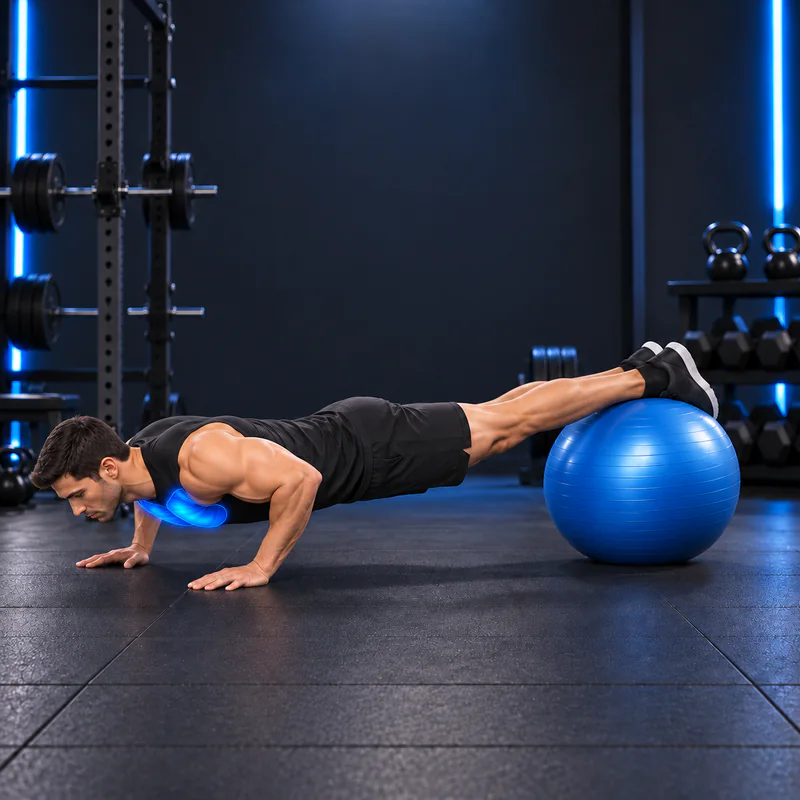 Flexiones con los pies sobre una pelota de ejercicio: posición final